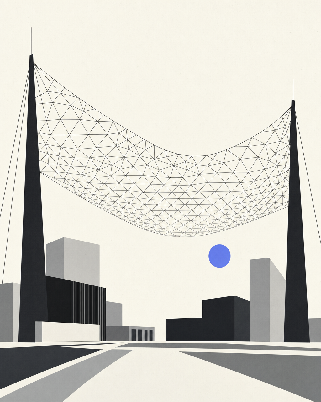 Abstrakte Grafik: großes Netz aus Linien zwischen zwei Pylonen über einem Platz mit Gebäudeflächen